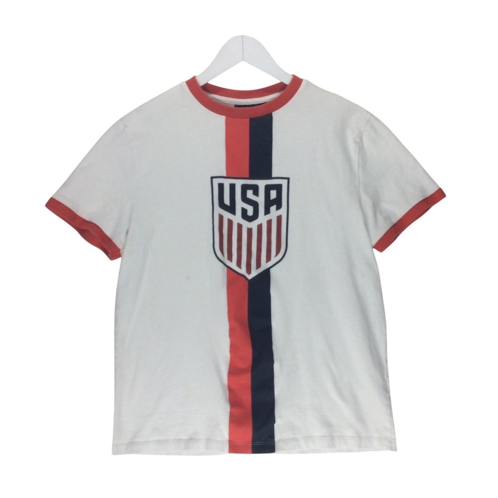 US Soccer USA Crest Ringer T-Shirt Mens Medium White Red Navy Stripe Tee